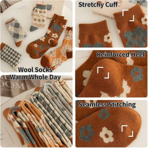5/10 Pairs Wool Socks for Women Thick Knit Vintage Cute Floral Crew Socks - Picture 5 of 8